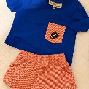Blue Kids Tee & Orange Gingham Shorts Set with Football Patch